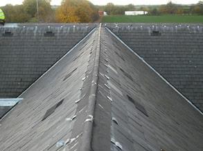 Deteriorated flashings on pitched roof 